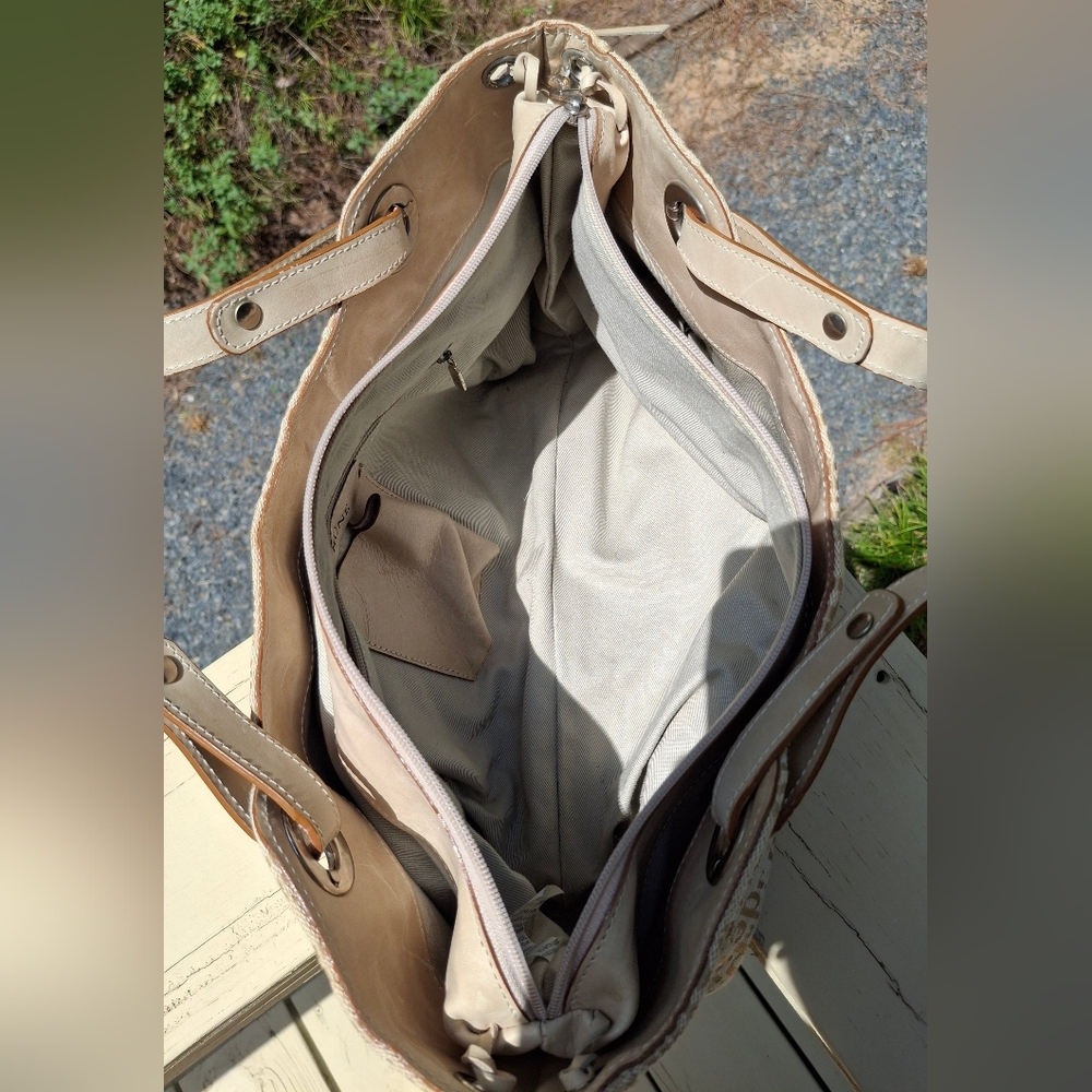 Prune Logo Print Soft Cream/Tan Canvas & Tan Leather Trim Shoulder Bag - Picture 12 of 15